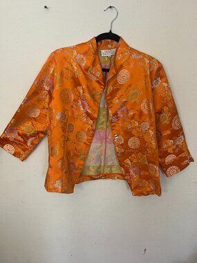 Orange Silk Multi Print Brocade Button Up Jacket by Linda Bertozzi